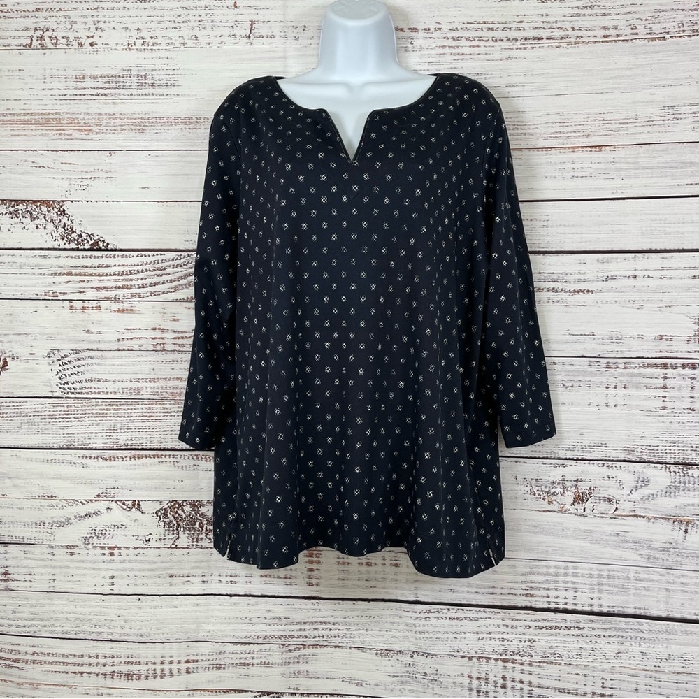 L.L.Bean Navy Print V Neck 3/4 Sleeve Top